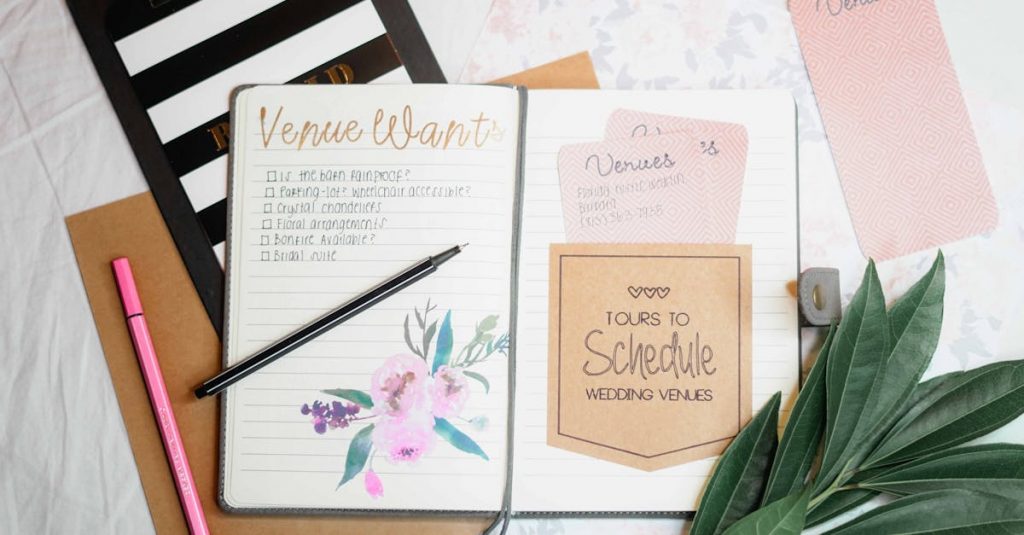 Flat lay of wedding planning materials including a journal, leaves, and stationery.